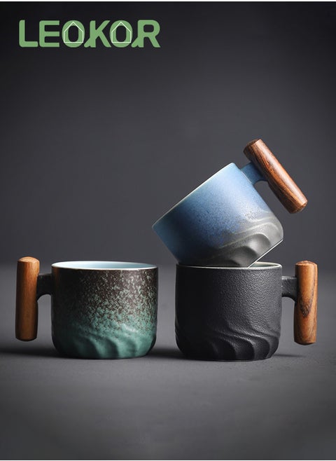 3 Pcs Ceramic Espresso Cups with Wooden Handle Espresso Shot Cups Ceramic Tea Cups 70ML