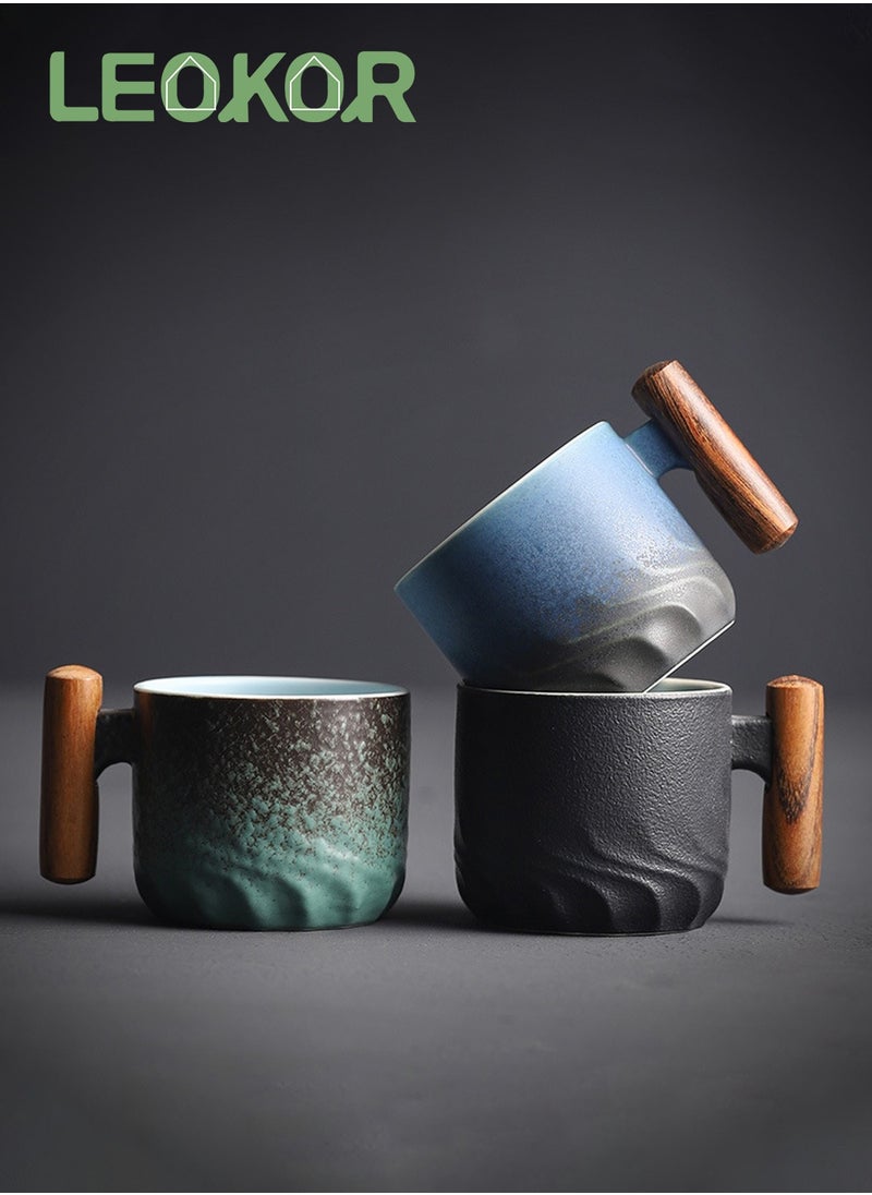 LEOKOR 3 Pcs Ceramic Espresso Cups with Wooden Handle Espresso Shot Cups Ceramic Tea Cups 70ML  - Image 1