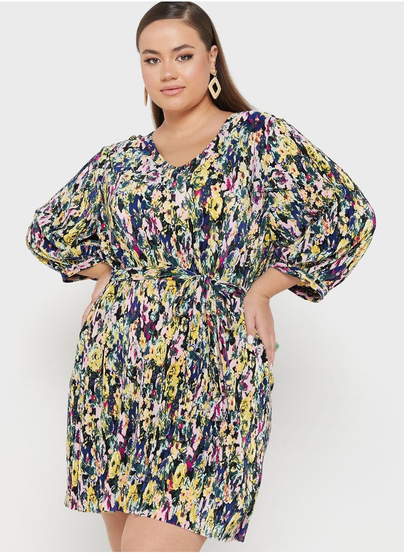 Vero Moda Curve Belted Puff Sleeve Plisse Dress  - Image 1