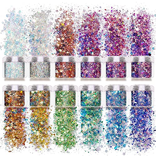Allstarry 12 Colors Chunky Glitter Holographic Craft Glitter Cosmetic Nail Art Sequins Mixed Fine Glitter Flakes for Nails Art Decoration Hair Eyes Face Body Resin Tumblers Epoxy Slime - Image 1
