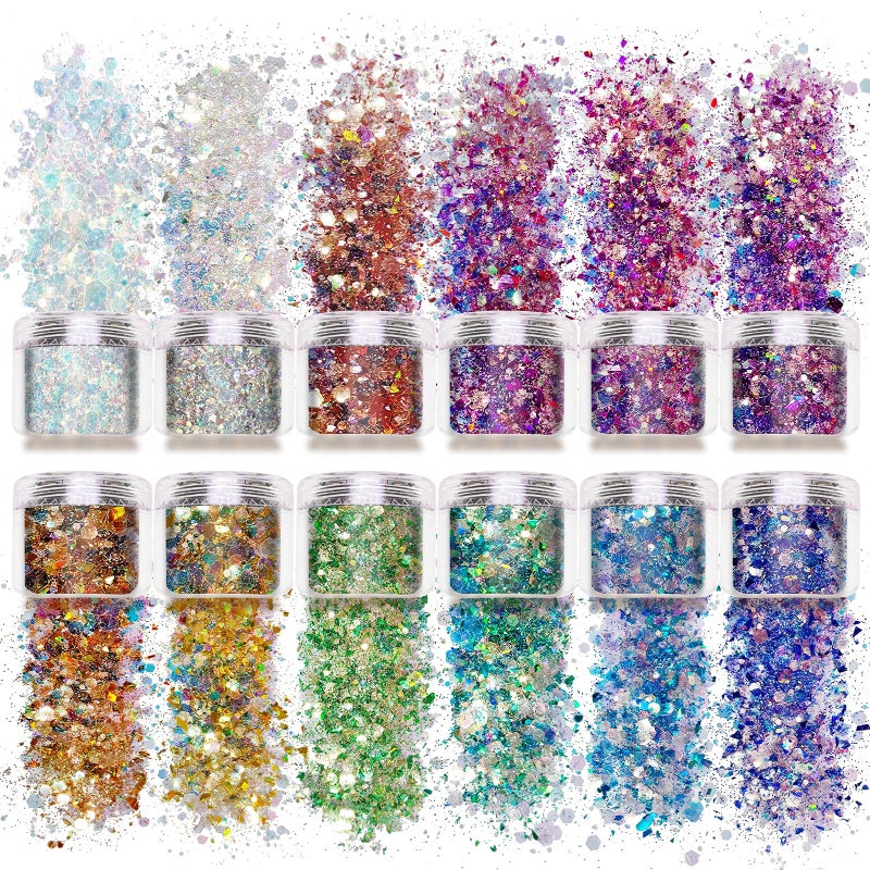 Allstarry 12 Colors Chunky Glitter Holographic Craft Glitter Cosmetic Nail Art Sequins Mixed Fine Glitter Flakes for Nails Art Decoration Hair Eyes Face Body Resin Tumblers Epoxy Slime - Image 3