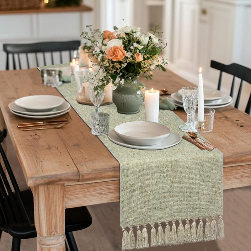 yuboo Sage Green Table Runner 48 Inches - Boho Farmhouse Coffee Table Runner for Living Room, St. Patrick's Day Decor, Spring Macrame Runner for Round Table & TV Stand - Image 1