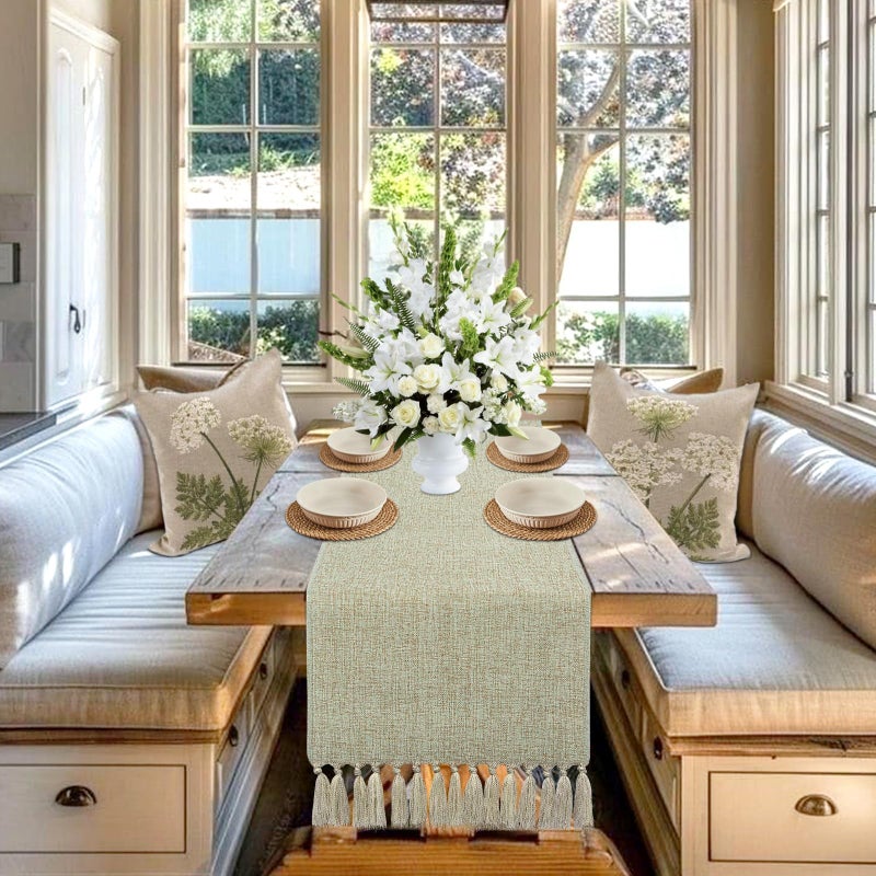 yuboo Sage Green Table Runner 48 Inches - Boho Farmhouse Coffee Table Runner for Living Room, St. Patrick's Day Decor, Spring Macrame Runner for Round Table & TV Stand - Image 5