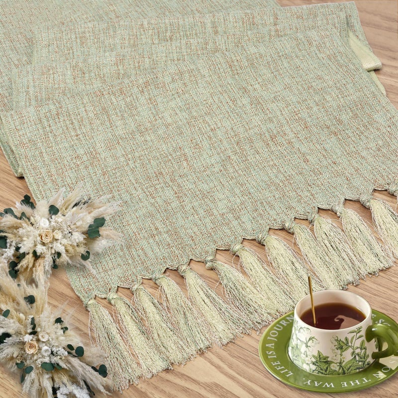 yuboo Sage Green Table Runner 48 Inches - Boho Farmhouse Coffee Table Runner for Living Room, St. Patrick's Day Decor, Spring Macrame Runner for Round Table & TV Stand - Image 2