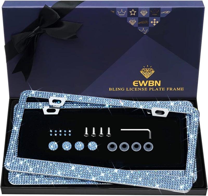 EWBN Bling Rhinestone License Plate Frame Set for Women - 2PC Light Blue with 1200+ Glass Crystals - Image 1