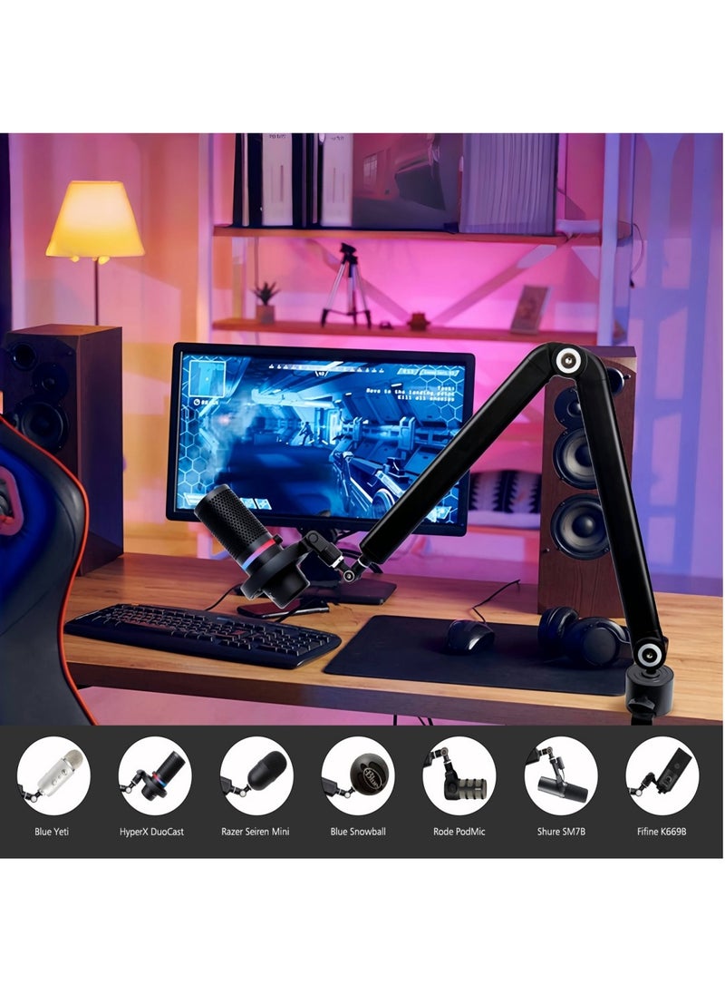 FlashHawk Mic Boom Arm 360° Rotatable Microphone Stand with Desk Mount, Foldable Desk Mic Arm with 3/8'' to 5/8'' Screw Adapter, Microphone Arm for Live Streaming, Gaming, Podcasting, Radio  - Image 2