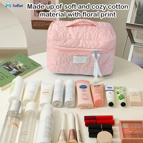 FunBlast Makeup Bag Travel Cosmetic Bag Cute Cotton Toiletry Bag Quilted Flower Organizer Bag Large Capacity Handheld Portable Storage Zipper Purse for Women (Pink) - Image 4