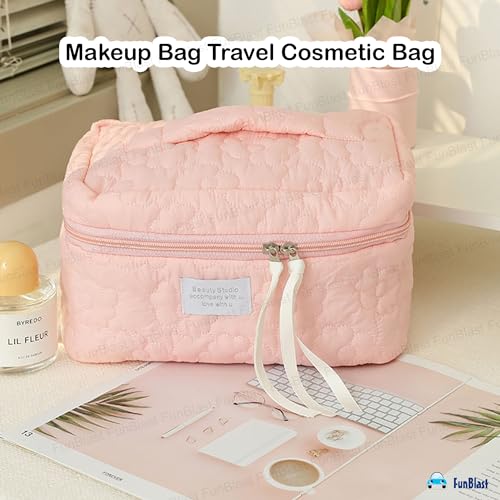 FunBlast Makeup Bag Travel Cosmetic Bag Cute Cotton Toiletry Bag Quilted Flower Organizer Bag Large Capacity Handheld Portable Storage Zipper Purse for Women (Pink) - Image 5