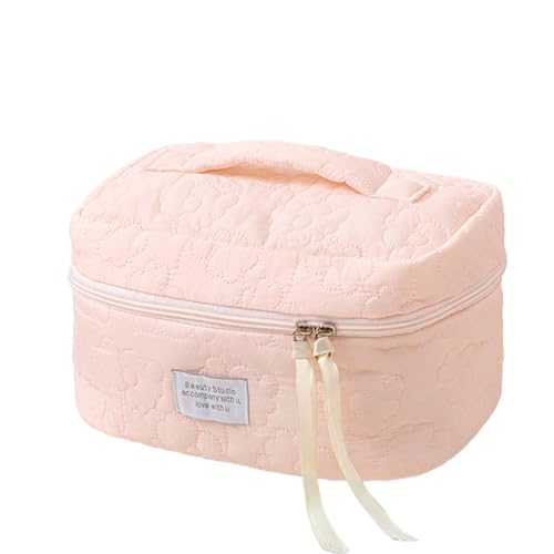 FunBlast Makeup Bag Travel Cosmetic Bag Cute Cotton Toiletry Bag Quilted Flower Organizer Bag Large Capacity Handheld Portable Storage Zipper Purse for Women (Pink) - Image 1