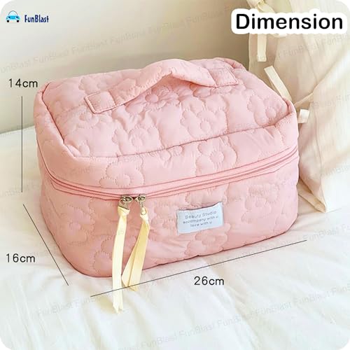 FunBlast Makeup Bag Travel Cosmetic Bag Cute Cotton Toiletry Bag Quilted Flower Organizer Bag Large Capacity Handheld Portable Storage Zipper Purse for Women (Pink) - Image 3