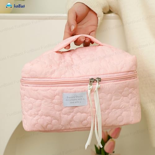 FunBlast Makeup Bag Travel Cosmetic Bag Cute Cotton Toiletry Bag Quilted Flower Organizer Bag Large Capacity Handheld Portable Storage Zipper Purse for Women (Pink) - Image 2