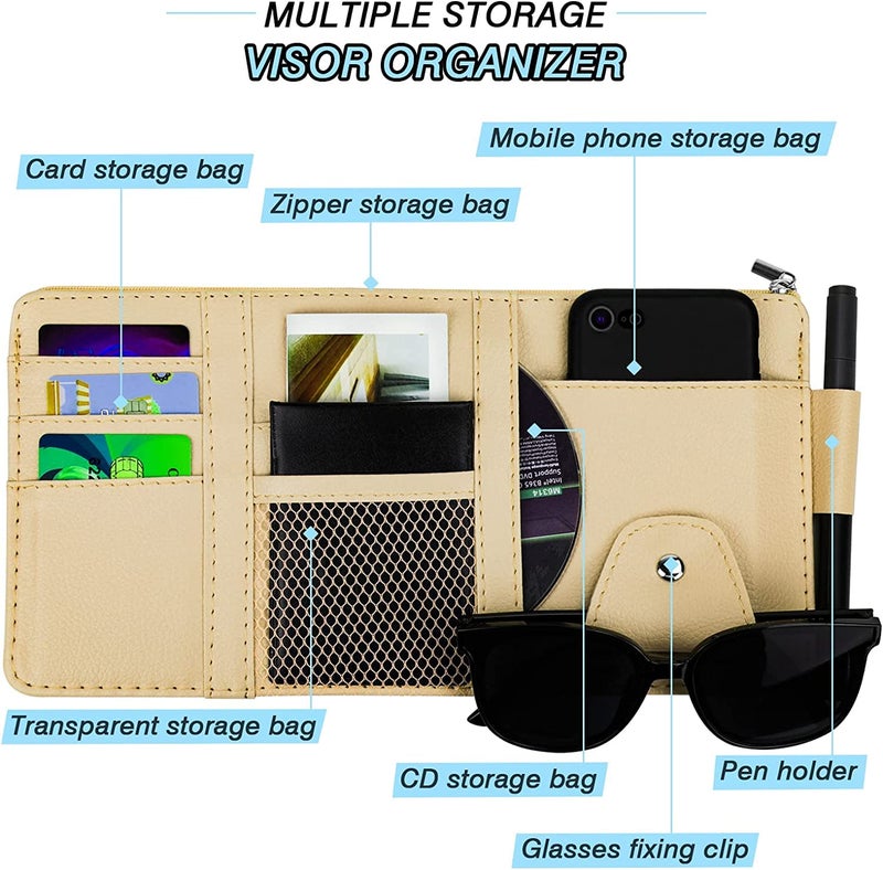BROGBUS Car Visor Organizer Sun Visor Organizer for Car Pens, Sunglasses and Document Pockets (Cream) - Image 4