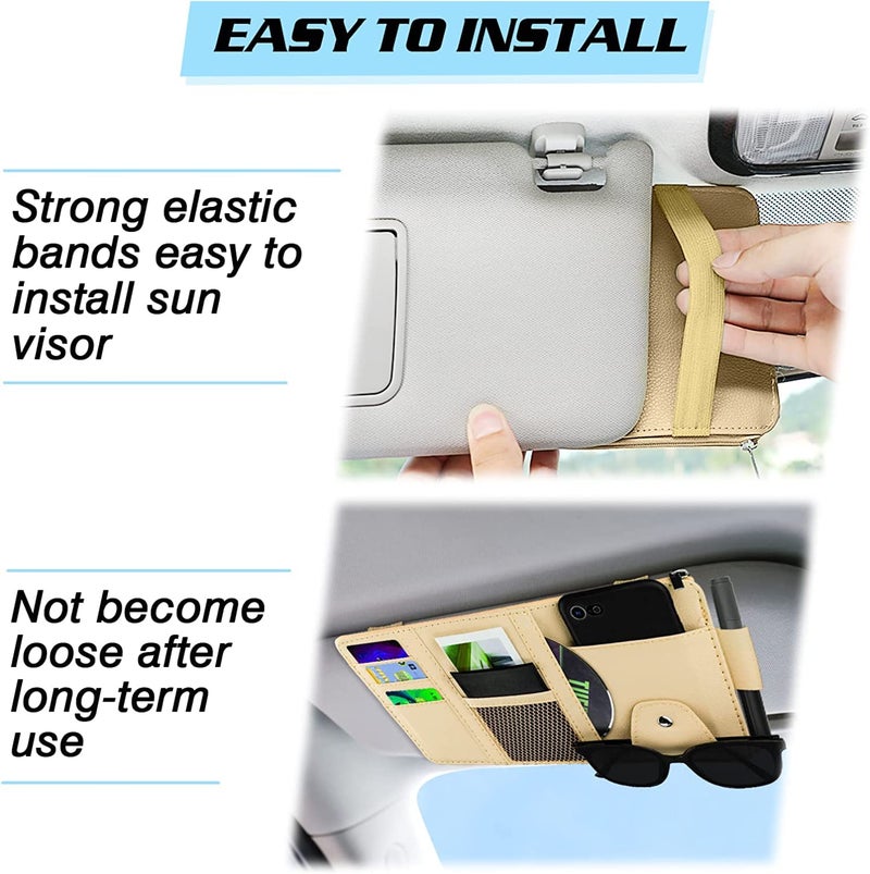 BROGBUS Car Visor Organizer Sun Visor Organizer for Car Pens, Sunglasses and Document Pockets (Cream) - Image 5