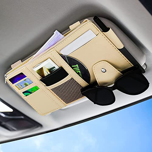 BROGBUS Car Visor Organizer Sun Visor Organizer for Car Pens, Sunglasses and Document Pockets (Cream) - Image 1