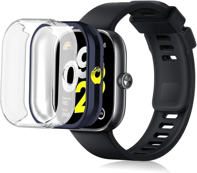 Azonee Xiaomi Redmi Watch 4 2 Pack Hard PC Case with Tempered Glass Screen Protector, Slim Full Cover, Scratch Proof, Blue + Transparent - Image 2