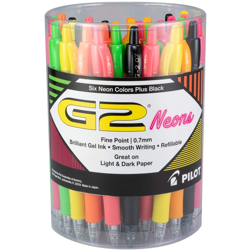 Pilot, G2 Premium Gel Roller Pens, Fine Point 0.7 mm, Assorted Neon Colors & Black, Tub of 36 - Image 1