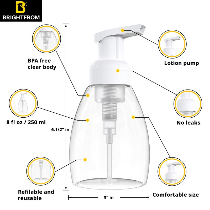 BRIGHTFROM Foaming Soap Dispenser Pump Bottles, BPA Free Empty Refillable Plastic Container for Liquid Soap - Kitchen, Bathroom, Commercial - 8oz (250ml) Pack of 2 Clear - Image 2