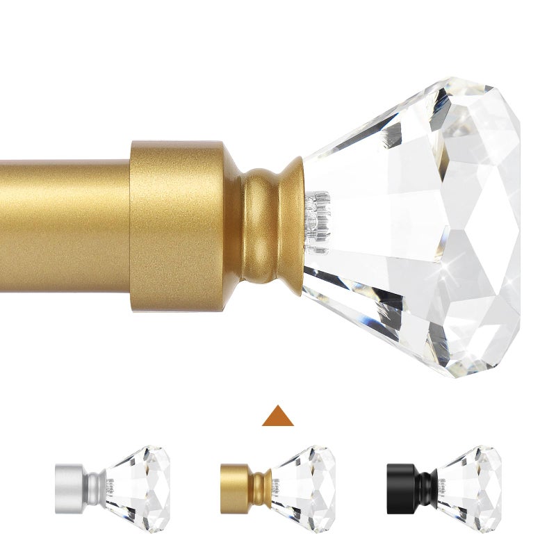 Knobelite 1 Pack 1-Inch Diameter Single Window Treatment Curtain Rod, Crystal Finial Home Curtain Rods,22-inch to 42-inch Adjustable(1.8-3.5ft), Gold Single Drapery Rod