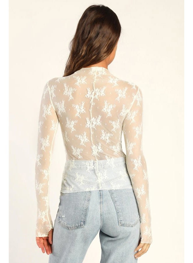 Passec Sheer Mesh Long Sleeve Layering Top for Women Mock Neck Floral Lace Tshirt See Through Tee Shirt Blouse(Flower Beige,X-Large - Image 4