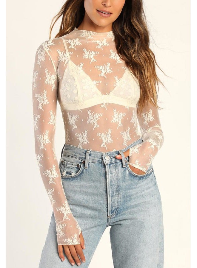 Passec Sheer Mesh Long Sleeve Layering Top for Women Mock Neck Floral Lace Tshirt See Through Tee Shirt Blouse(Flower Beige,X-Large - Image 2