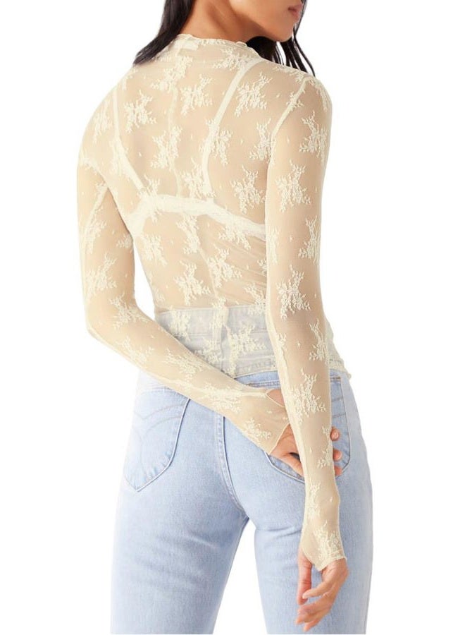 Passec Sheer Mesh Long Sleeve Layering Top for Women Mock Neck Floral Lace Tshirt See Through Tee Shirt Blouse(Flower Beige,X-Large - Image 3