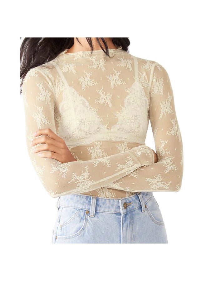 Passec Sheer Mesh Long Sleeve Layering Top for Women Mock Neck Floral Lace Tshirt See Through Tee Shirt Blouse(Flower Beige,X-Large - Image 1