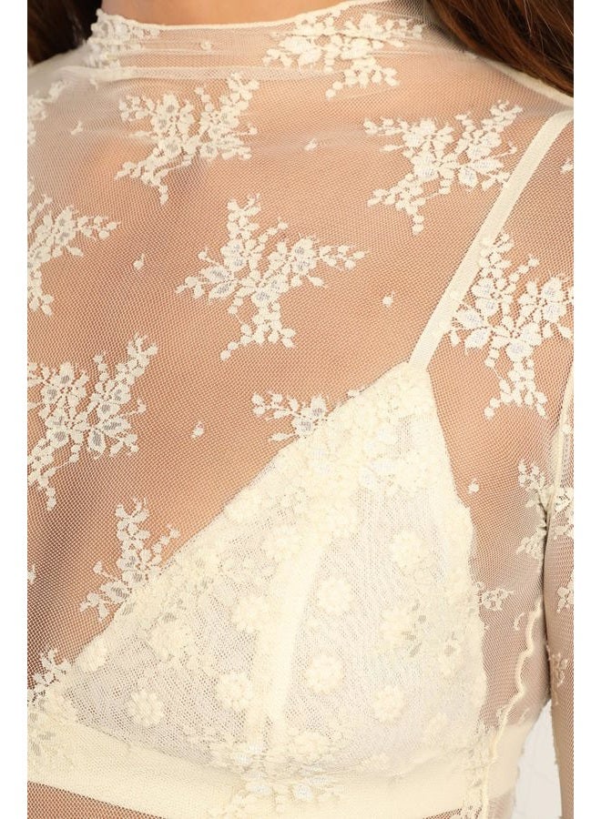 Passec Sheer Mesh Long Sleeve Layering Top for Women Mock Neck Floral Lace Tshirt See Through Tee Shirt Blouse(Flower Beige,X-Large - Image 5