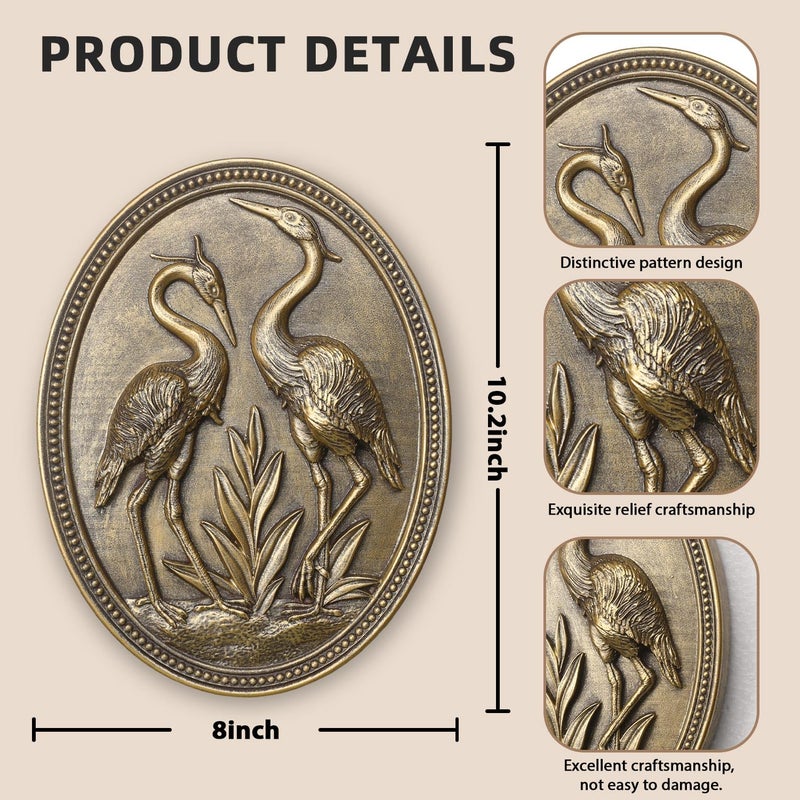 Newinhome Vintage Crane Wall Sculpture, Antique Wall Decor, Crane Wall Art, Hand Painted Wall Decoration with Embossed Couple Birds Design, Vintage Wall Decor for Living Room Bedroom Dining Room Hallway, Housewarming Gifts - Image 3