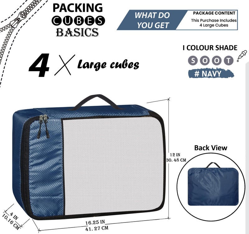 OxbOw Travel Organizer Pouch, Packing Cubes For Travel, Cloth Organizer For Travel, Suitcase Organizer For Travelling, Packing Bags For Travelling (Navy Blue, Large- Pack of 4) - Image 2
