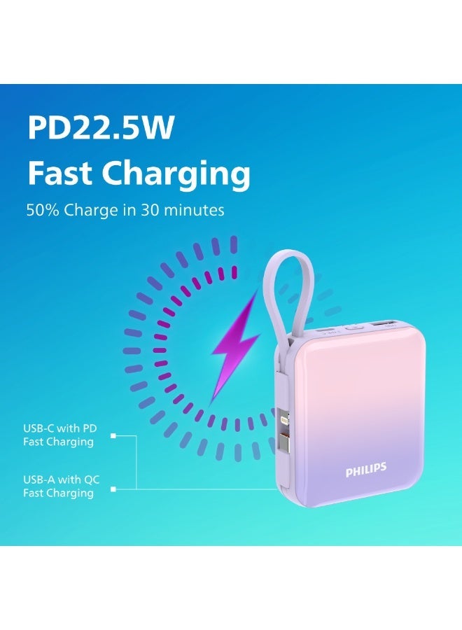 Philips 10000mAh Power Bank, 22.5W PD Fast Charging, Built-in USB-C & Lightning Cables, Compact Travel Charger, LED Display, 6-Layer Protection, Portable Charger for iPhone and Android, DLP5713CB, Black black - Image 2