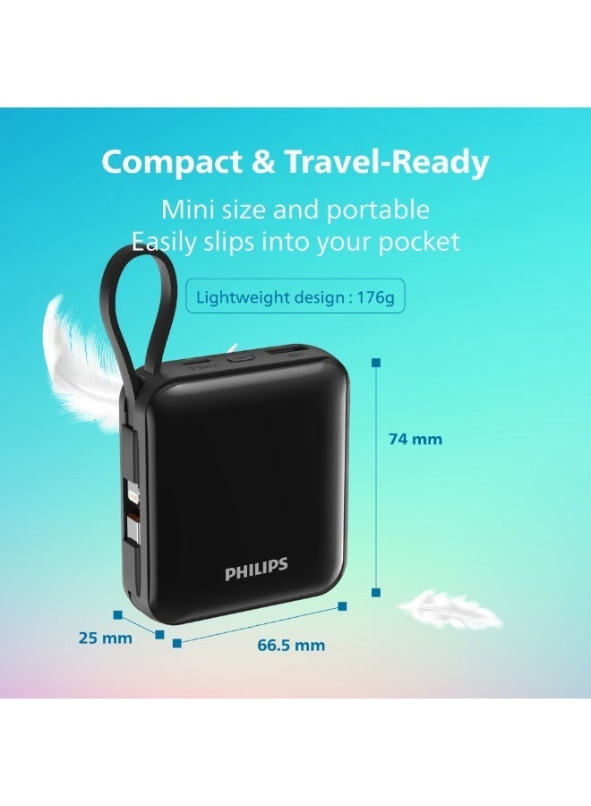 Philips 10000mAh Power Bank, 22.5W PD Fast Charging, Built-in USB-C & Lightning Cables, Compact Travel Charger, LED Display, 6-Layer Protection, Portable Charger for iPhone and Android, DLP5713CB, Black black - Image 3