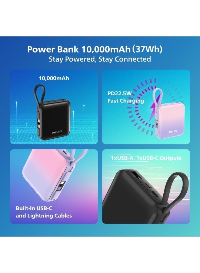 Philips 10000mAh Power Bank, 22.5W PD Fast Charging, Built-in USB-C & Lightning Cables, Compact Travel Charger, LED Display, 6-Layer Protection, Portable Charger for iPhone and Android, DLP5713CB, Black black - Image 4