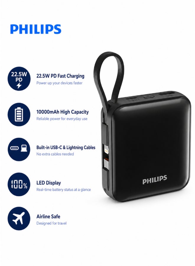 Philips 10000mAh Power Bank, 22.5W PD Fast Charging, Built-in USB-C & Lightning Cables, Compact Travel Charger, LED Display, 6-Layer Protection, Portable Charger for iPhone and Android, DLP5713CB, Black Black - Image 1