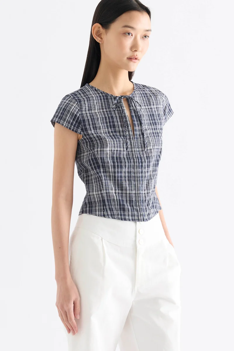 The Editor's Market Emily Ribbon Cap Sleeve Top - Ink Blue Plaid