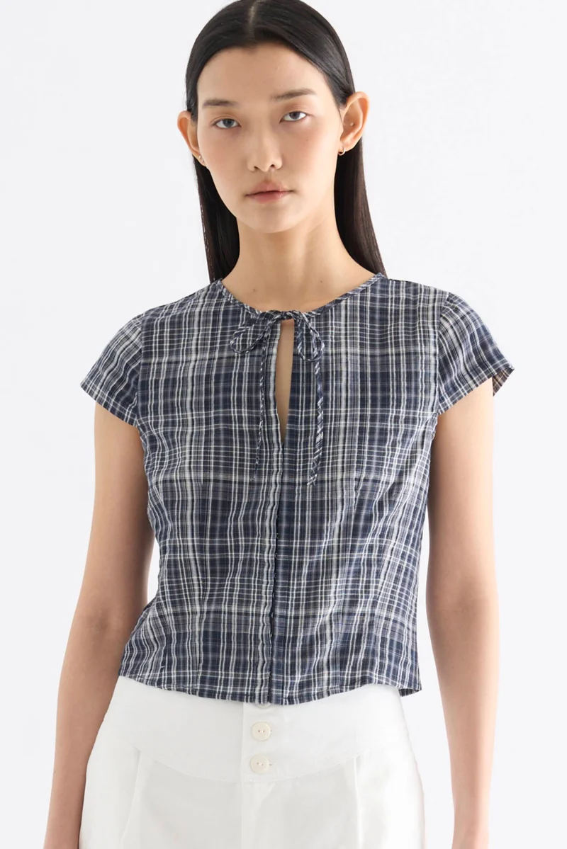 The Editor's Market Emily Ribbon Cap Sleeve Top - Ink Blue Plaid