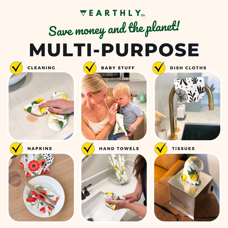 Earthly Co. Reusable Paper Towels - 24 Pack - Roll of Washable Cotton Cloth Paper Towels - Paperless Reusable Napkins Cloth Washable - Absorbent + Long Lasting - Zero Waste Products - (Lemon) - Image 5
