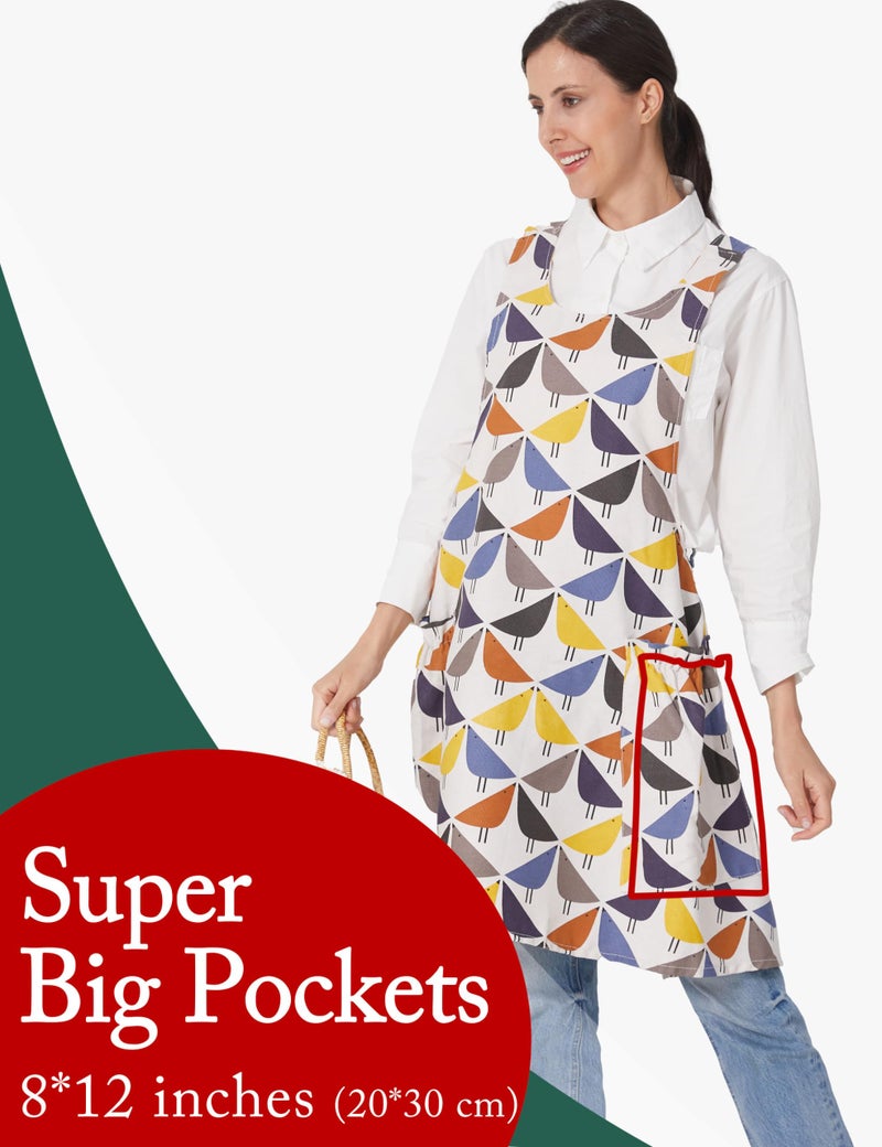 APRONNER Cozy Adjustable Cross Back Aprons for Women with Pockets Cotton Linen Cooking Kitchen Baking Birds - Image 2