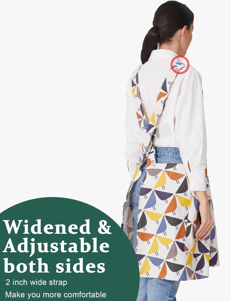 APRONNER Cozy Adjustable Cross Back Aprons for Women with Pockets Cotton Linen Cooking Kitchen Baking Birds - Image 3