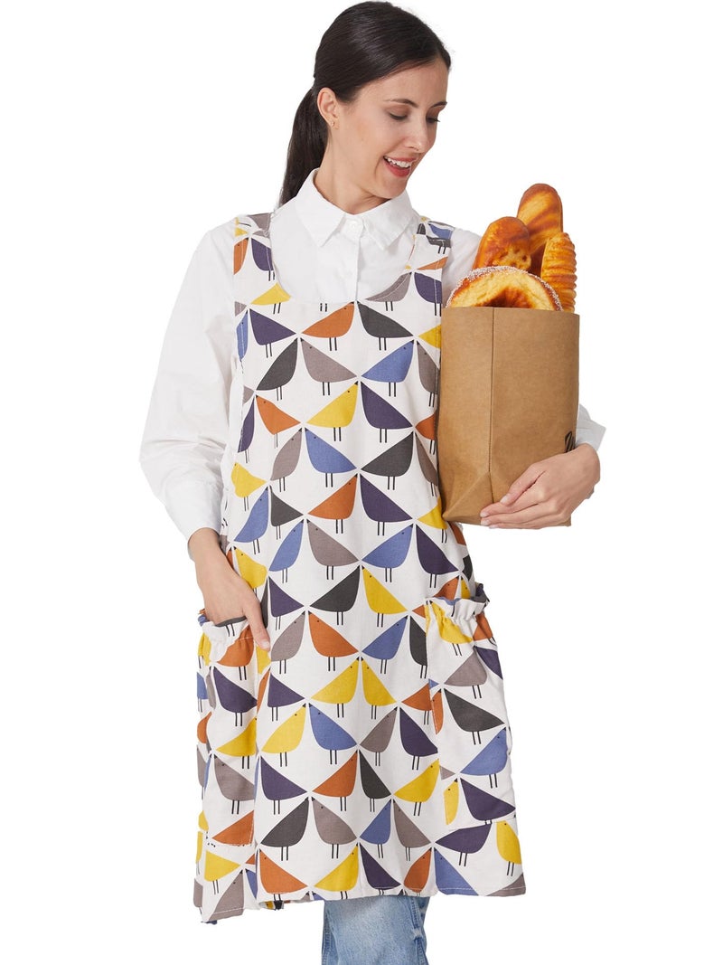 APRONNER Cozy Adjustable Cross Back Aprons for Women with Pockets Cotton Linen Cooking Kitchen Baking Birds - Image 1