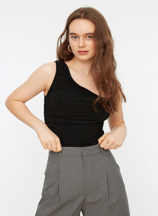 trendyol Black Gather Detailed Fitted One-Shoulder Stretchy Knitted Blouse - Image 1