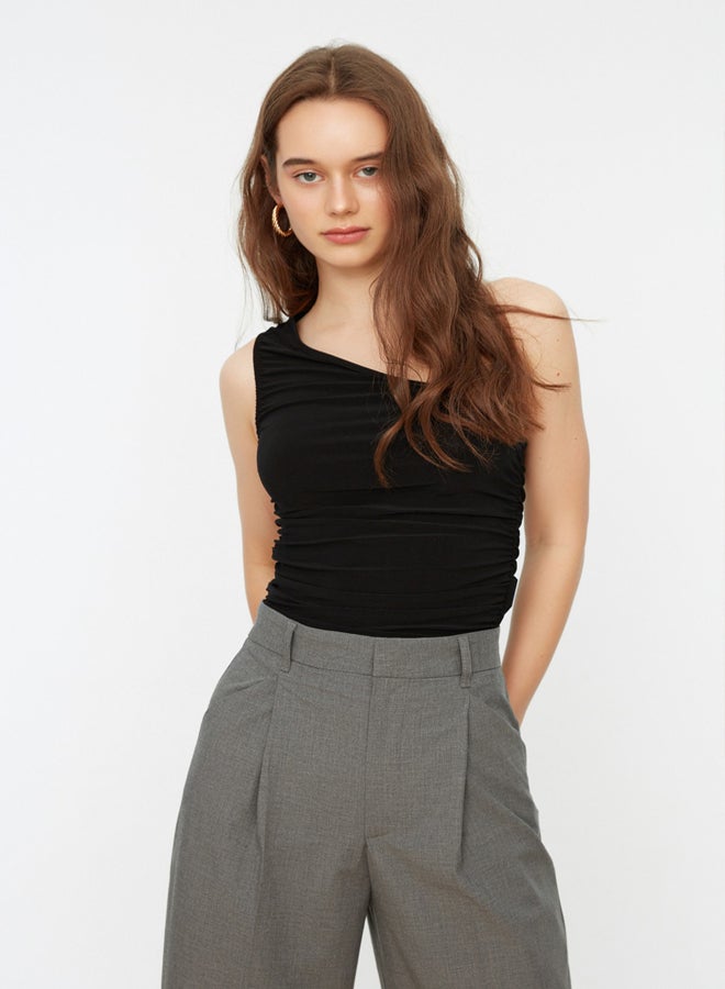 trendyol Black Gather Detailed Fitted One-Shoulder Stretchy Knitted Blouse - Image 2