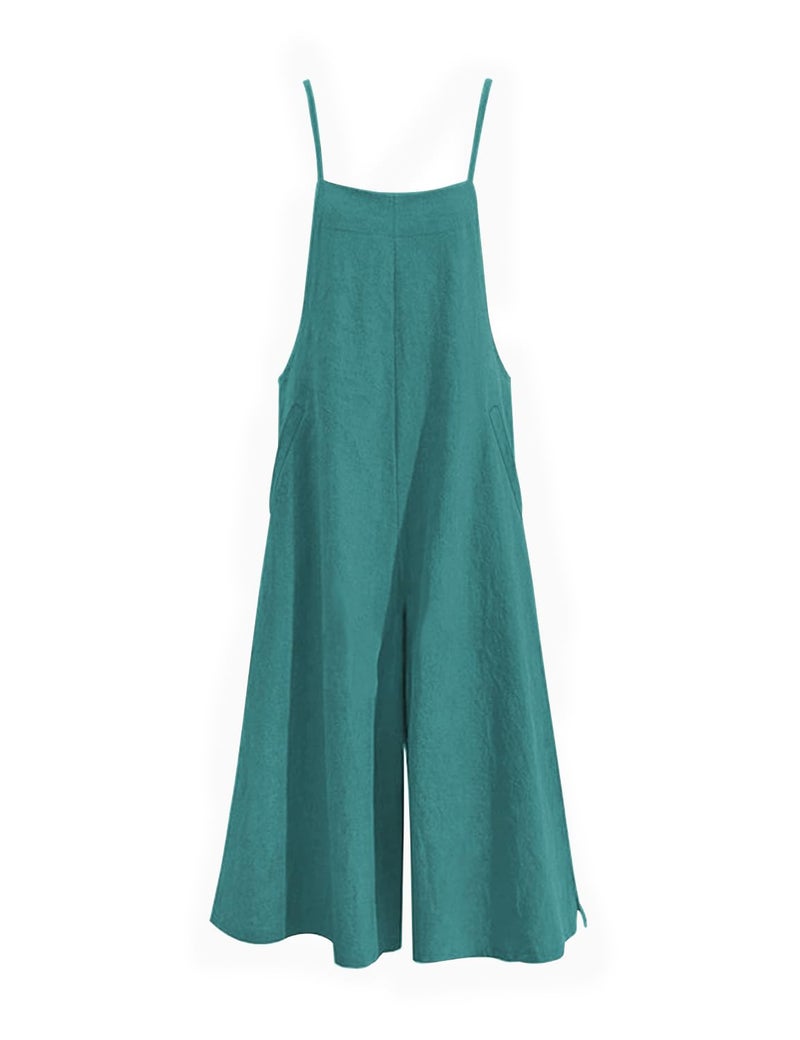YESNO Women Casual Loose Long Bib Pants Wide Leg Jumpsuits Baggy Cotton Rompers Overalls with Pockets (L PZZTYP2 Lake Green) - Image 5