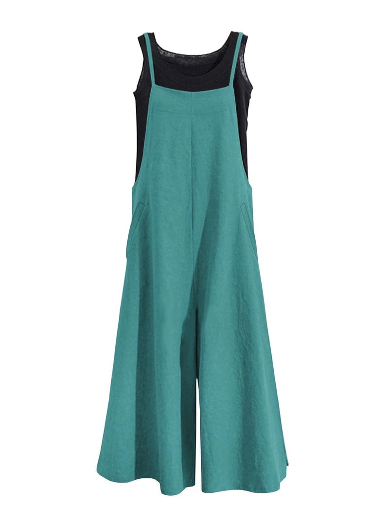 YESNO Women Casual Loose Long Bib Pants Wide Leg Jumpsuits Baggy Cotton Rompers Overalls with Pockets (L PZZTYP2 Lake Green) - Image 1