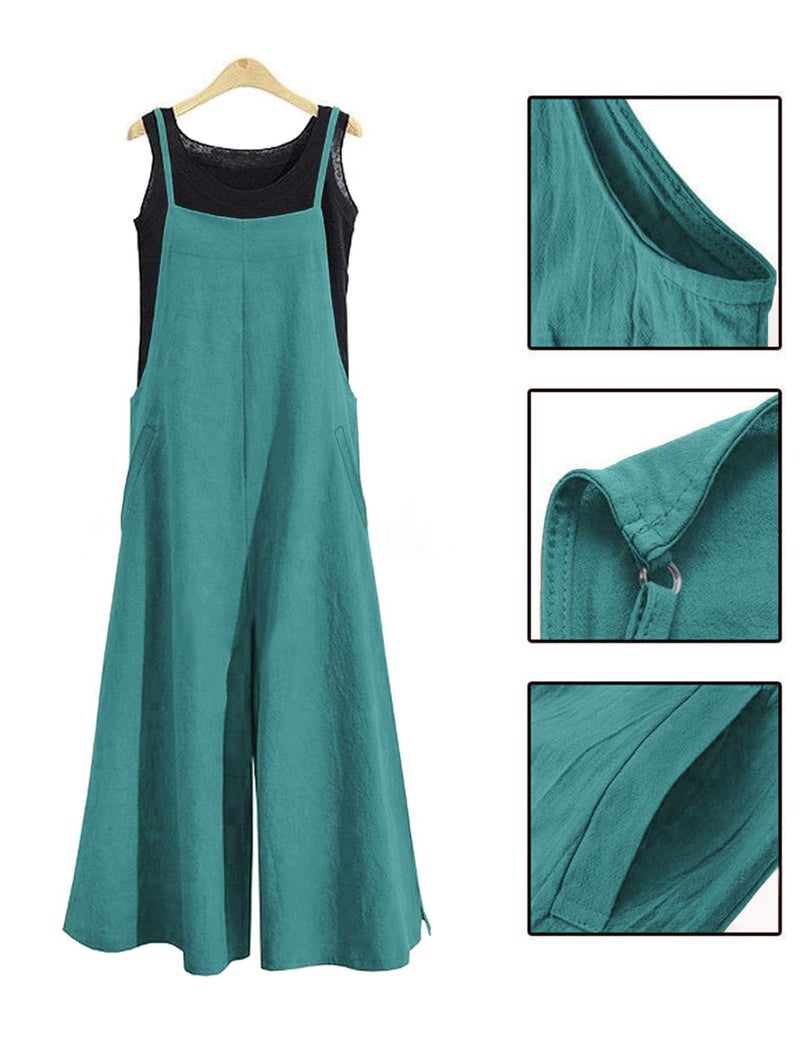 YESNO Women Casual Loose Long Bib Pants Wide Leg Jumpsuits Baggy Cotton Rompers Overalls with Pockets (L PZZTYP2 Lake Green) - Image 4