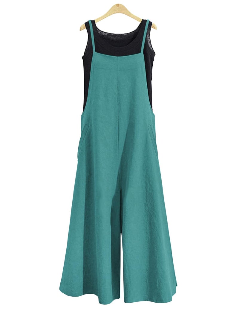 YESNO Women Casual Loose Long Bib Pants Wide Leg Jumpsuits Baggy Cotton Rompers Overalls with Pockets (L PZZTYP2 Lake Green) - Image 2