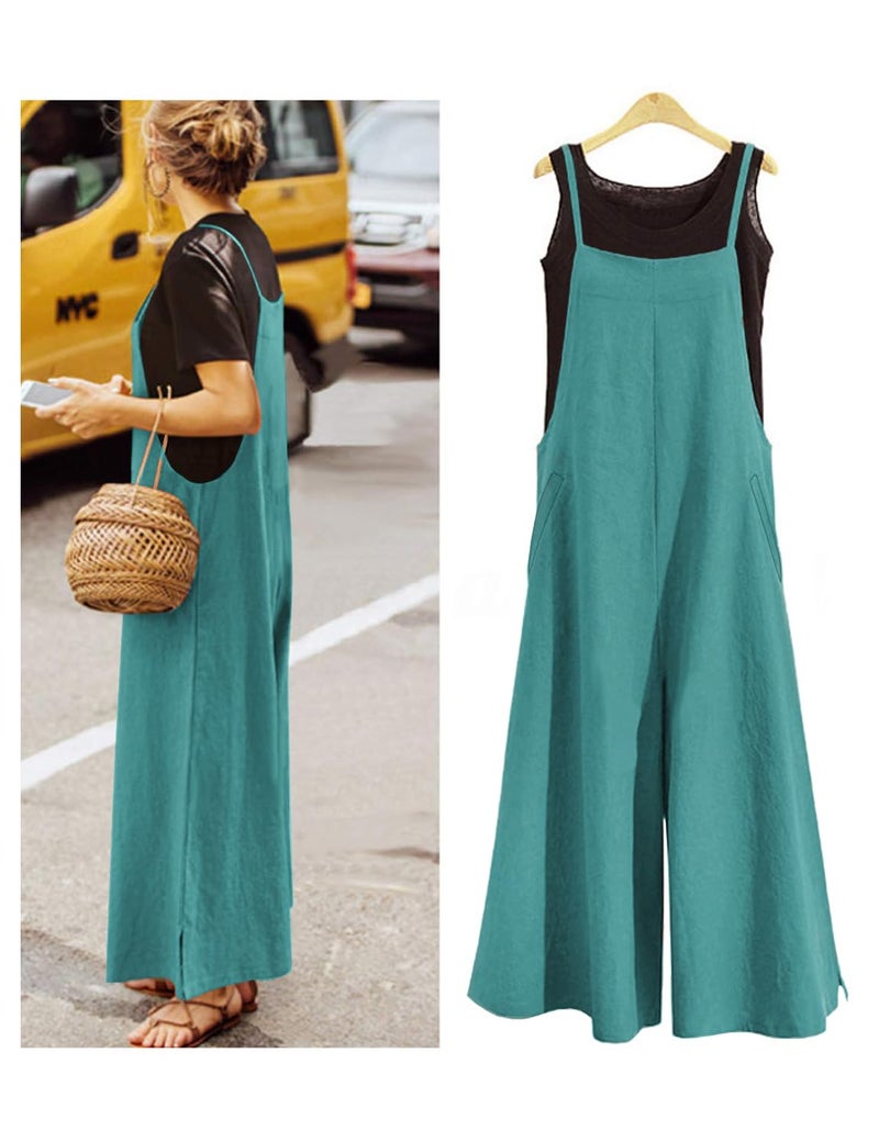 YESNO Women Casual Loose Long Bib Pants Wide Leg Jumpsuits Baggy Cotton Rompers Overalls with Pockets (L PZZTYP2 Lake Green) - Image 3