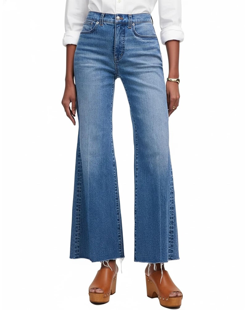 YEXPINE Women's High Waisted Flare Jeans Stretchy Raw Hem Bootcut Denim Pants Bell Bottoms Blue - Image 1