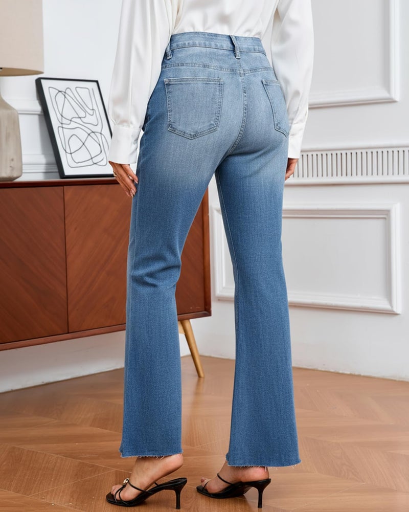 YEXPINE Women's High Waisted Flare Jeans Stretchy Raw Hem Bootcut Denim Pants Bell Bottoms Blue - Image 3