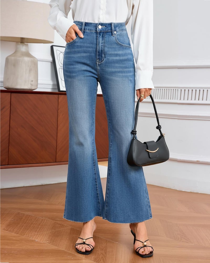 YEXPINE Women's High Waisted Flare Jeans Stretchy Raw Hem Bootcut Denim Pants Bell Bottoms Blue - Image 2