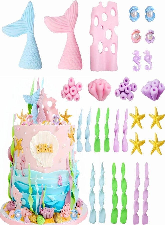 Qoadwem Mermaid Cake Toppers, Qoadwem 29pcs Mermaid Cake Topper For Girls With Tails, Coral, Shell,Seahorse, Seaweed, Starfish For Under The Sea Theme Birthday Party Cake Decorations - Image 1